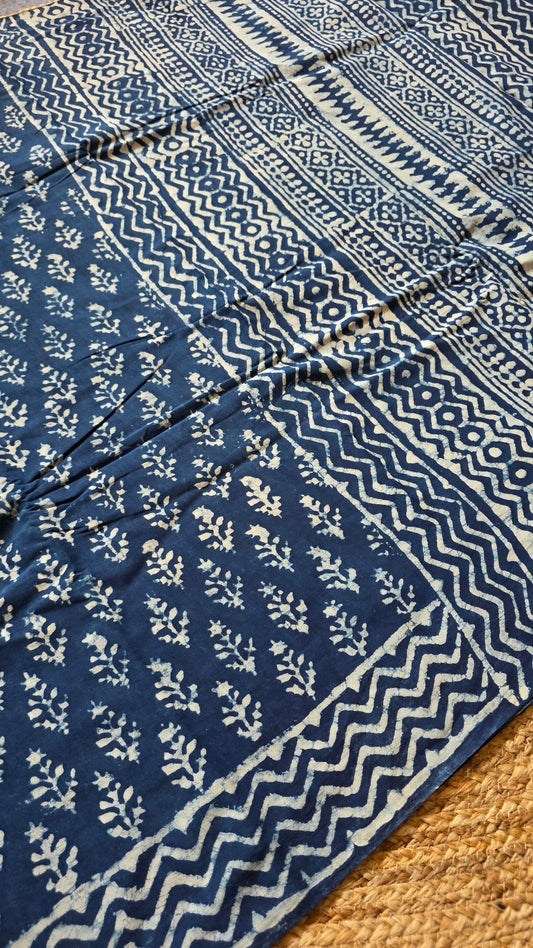 Indigo Blue Hand-Block Printed Cotton Saree with Floral Buttas and Zigzag Border