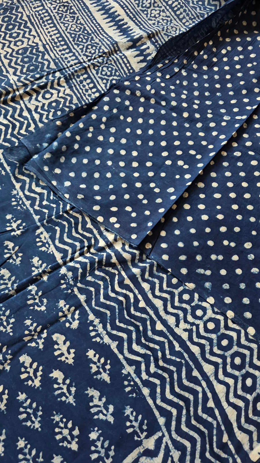 Indigo Blue Hand-Block Printed Cotton Saree with Floral Buttas and Zigzag Border