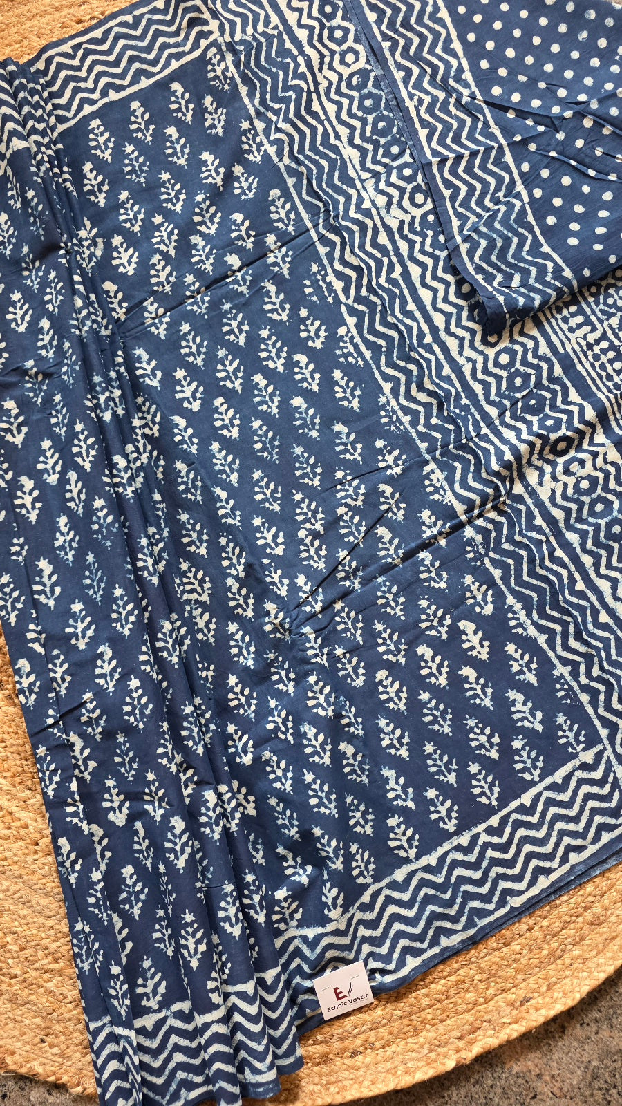 Indigo Blue Hand-Block Printed Cotton Saree with Floral Buttas and Zigzag Border