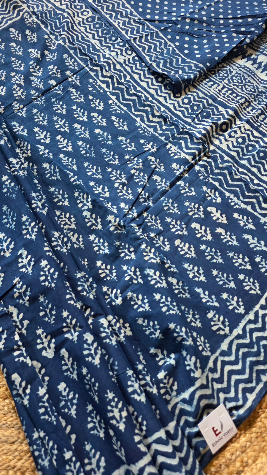 Indigo Blue Hand-Block Printed Cotton Saree with Floral Buttas and Zigzag Border