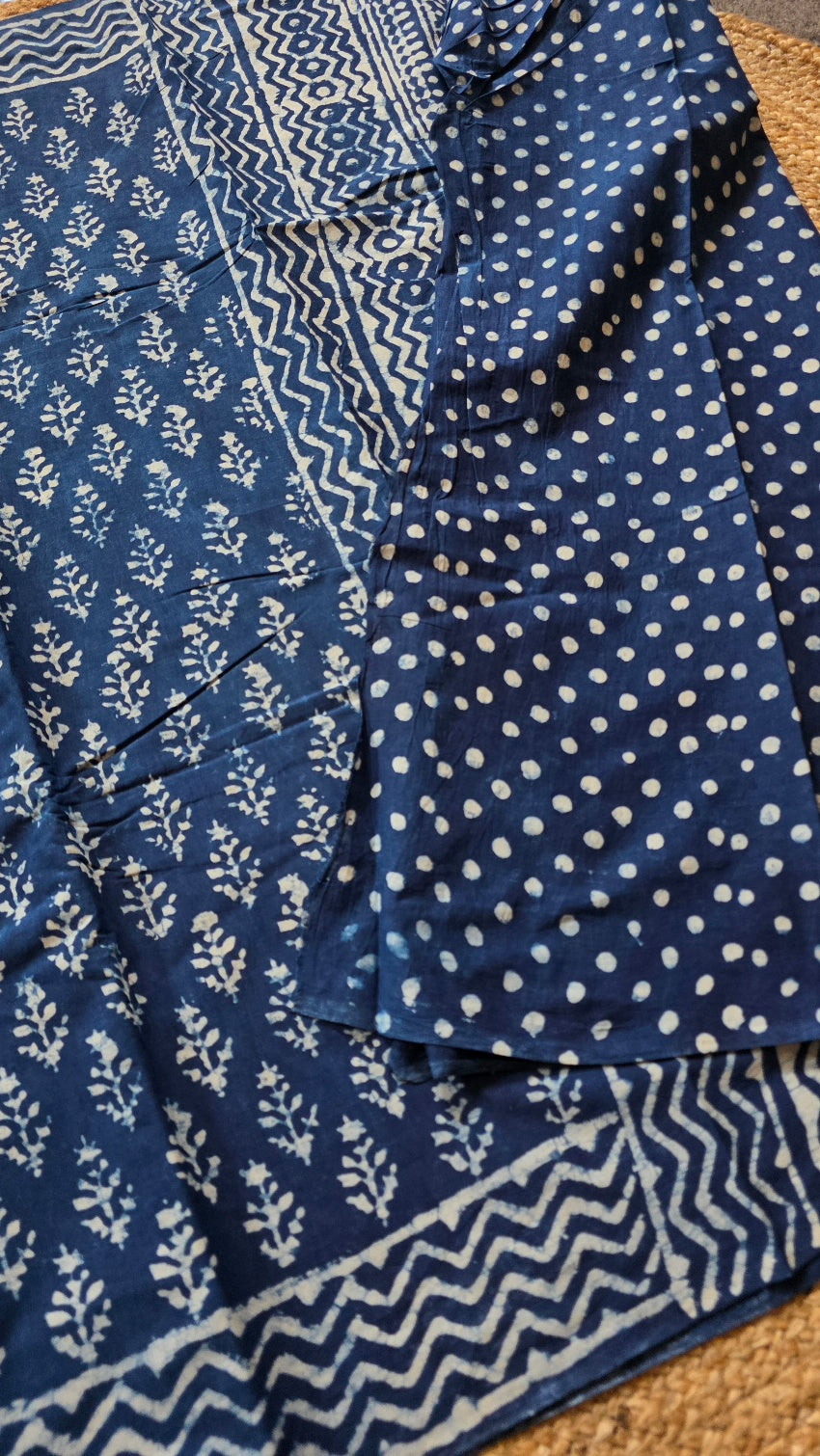 Indigo Blue Hand-Block Printed Cotton Saree with Floral Buttas and Zigzag Border