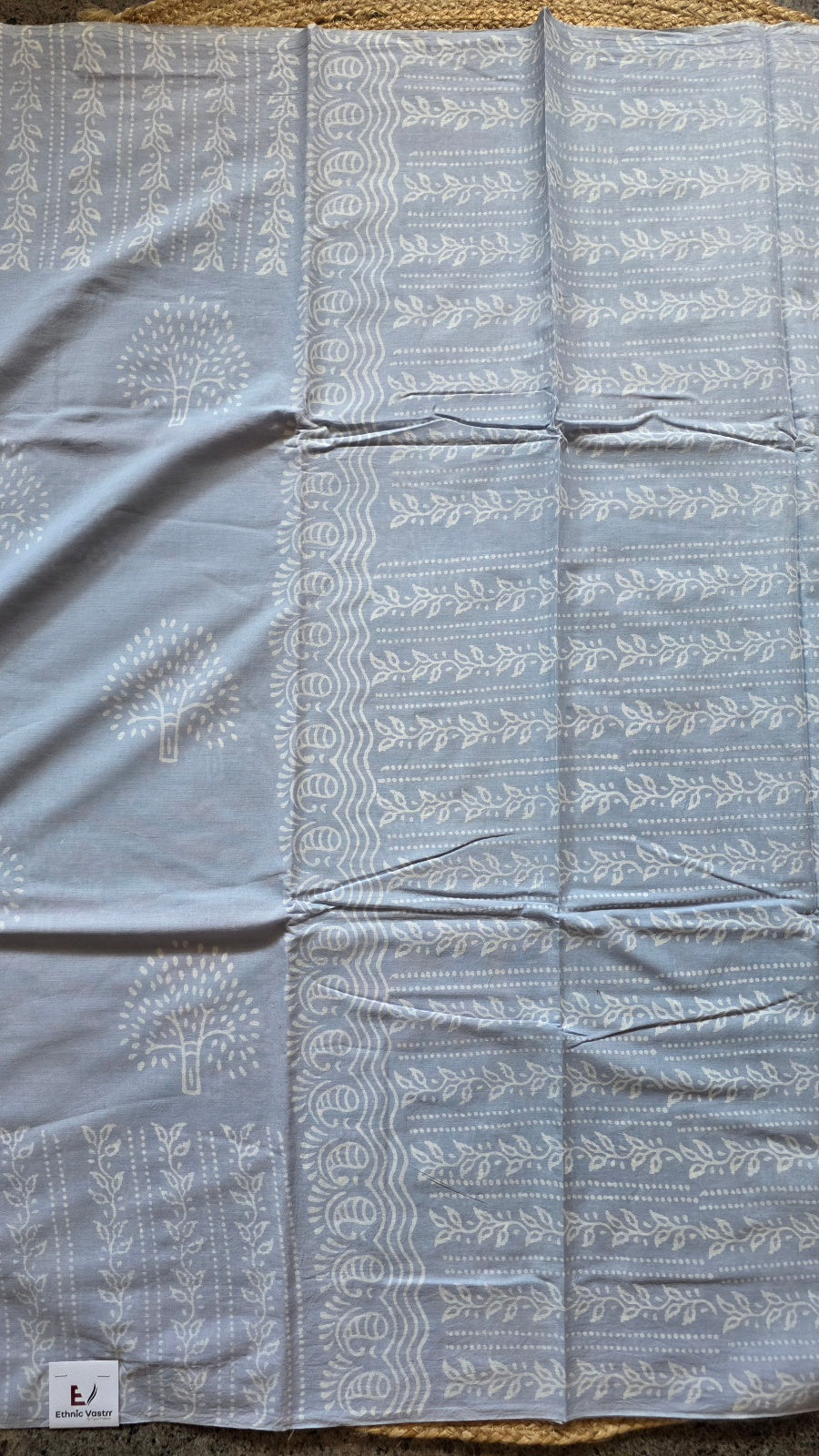 Greyish Blue Hand-Block Printed Cotton Saree with Tree of Life Motifs and Paisley Border