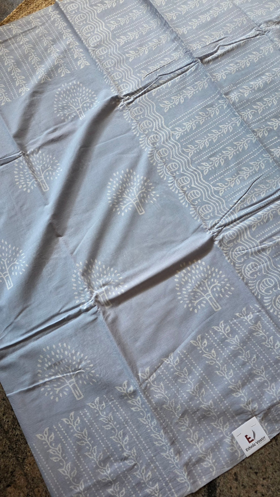 Greyish Blue Hand-Block Printed Cotton Saree with Tree of Life Motifs and Paisley Border