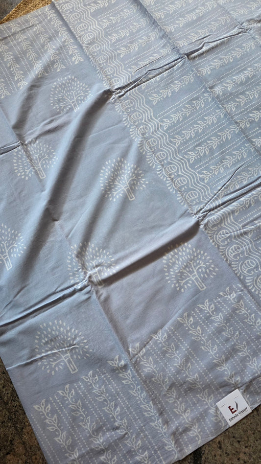 Greyish Blue Hand-Block Printed Cotton Saree with Tree of Life Motifs and Paisley Border