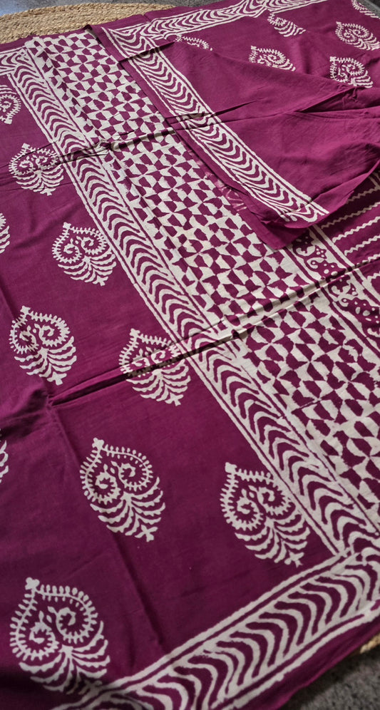 Wine Hand-Block Printed Cotton Saree with Heart Buttas and Checkerboard Pallu