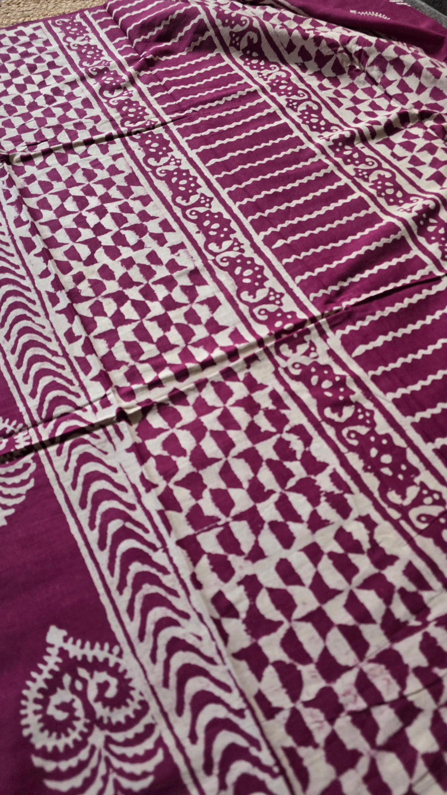 Wine Hand-Block Printed Cotton Saree with Heart Buttas and Checkerboard Pallu