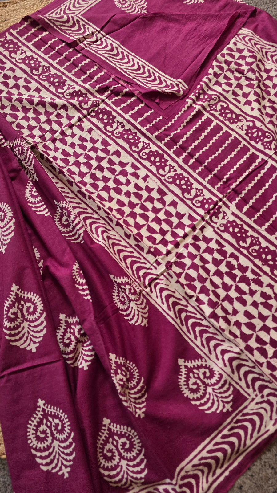 Wine Hand-Block Printed Cotton Saree with Heart Buttas and Checkerboard Pallu