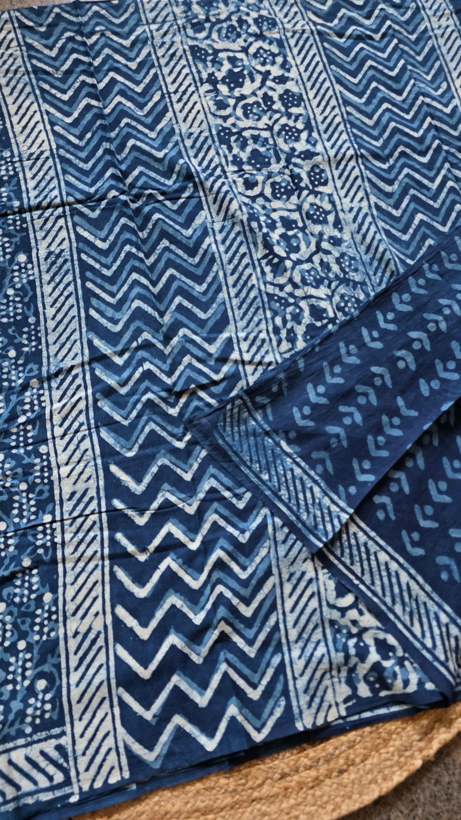 Indigo Blue Hand-Block Printed Cotton Saree with Dotted Floral Jaal and Zigzag Pallu