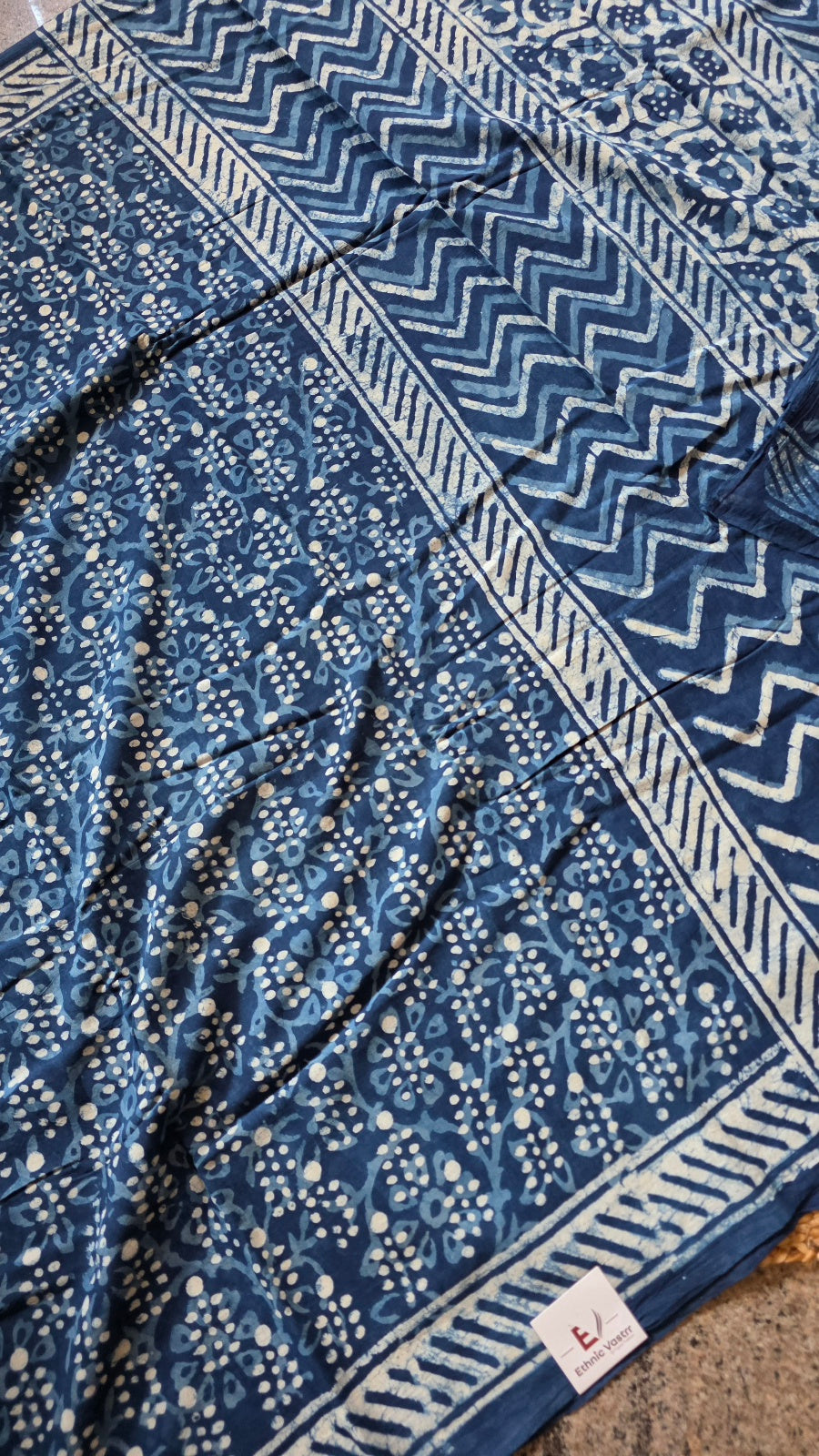 Indigo Blue Hand-Block Printed Cotton Saree with Dotted Floral Jaal and Zigzag Pallu