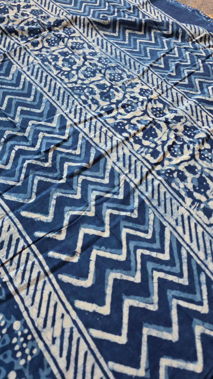 Indigo Blue Hand-Block Printed Cotton Saree with Dotted Floral Jaal and Zigzag Pallu