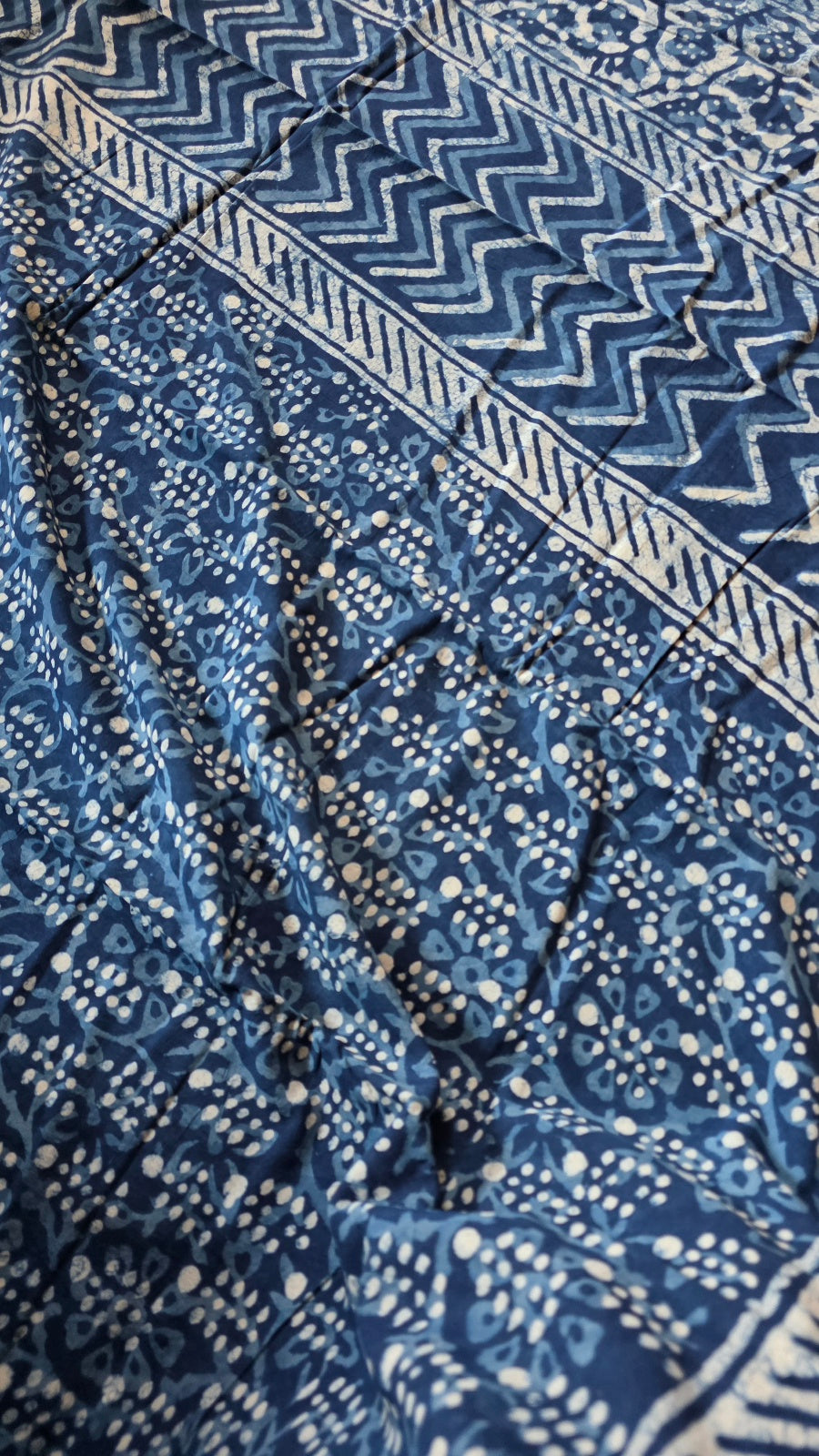 Indigo Blue Hand-Block Printed Cotton Saree with Dotted Floral Jaal and Zigzag Pallu