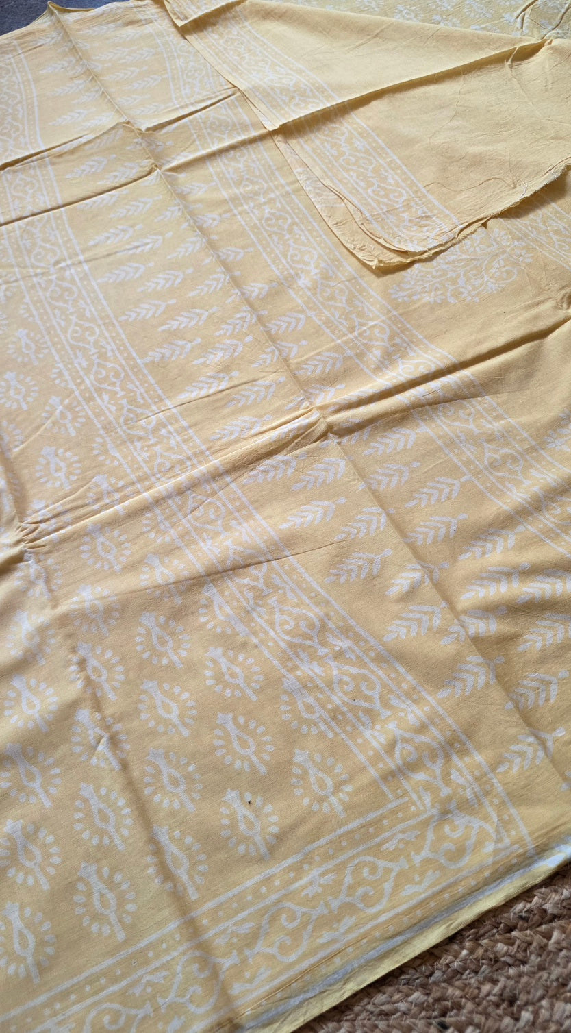 Butter Yellow Hand-Block Printed Cotton Saree with Bud Buttas and Vine Border
