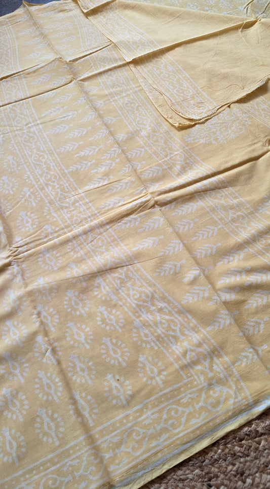 Butter Yellow Hand-Block Printed Cotton Saree with Bud Buttas and Vine Border