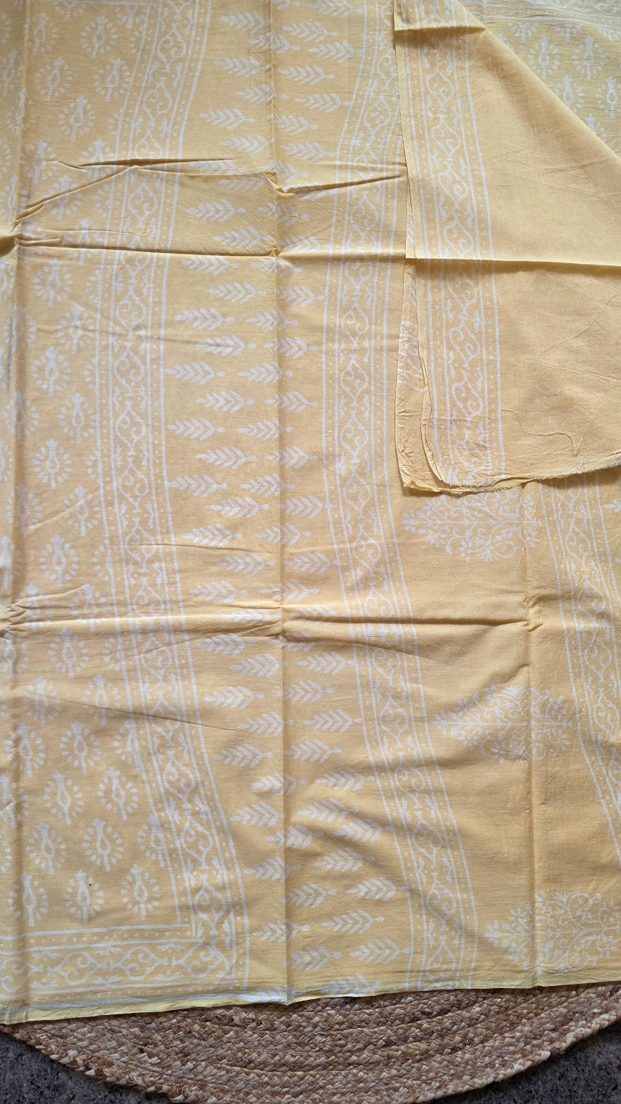 Butter Yellow Hand-Block Printed Cotton Saree with Bud Buttas and Vine Border