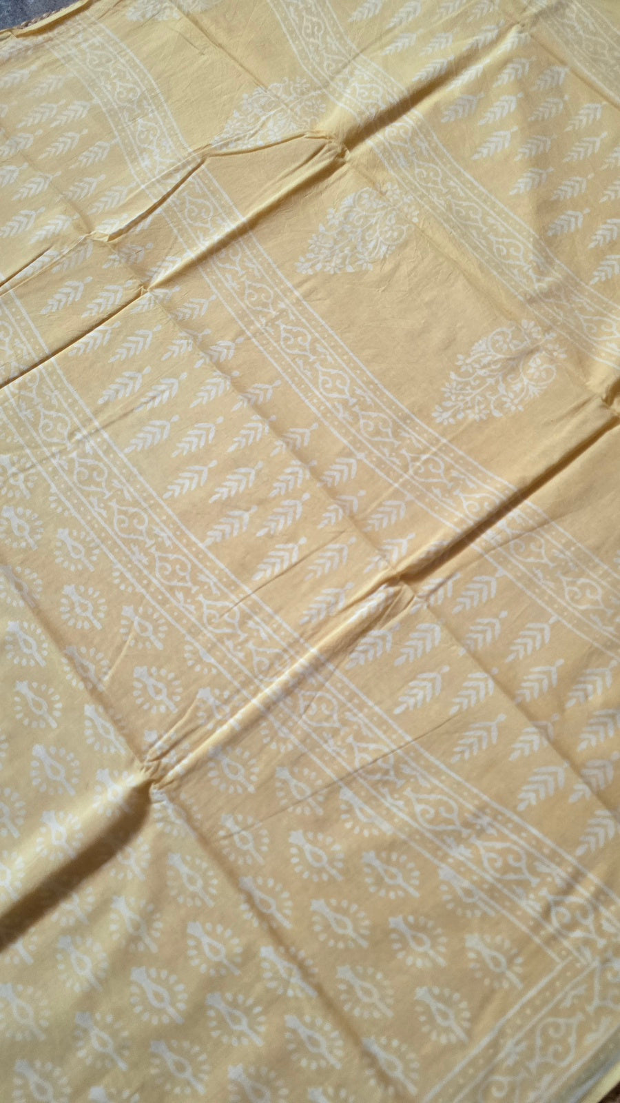 Butter Yellow Hand-Block Printed Cotton Saree with Bud Buttas and Vine Border