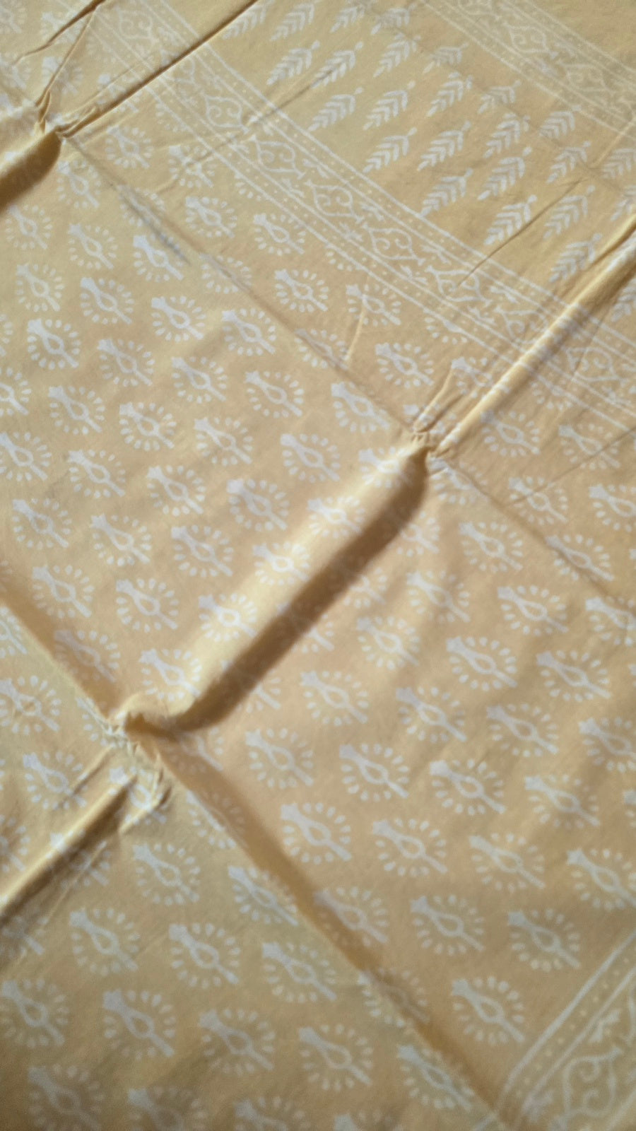 Butter Yellow Hand-Block Printed Cotton Saree with Bud Buttas and Vine Border