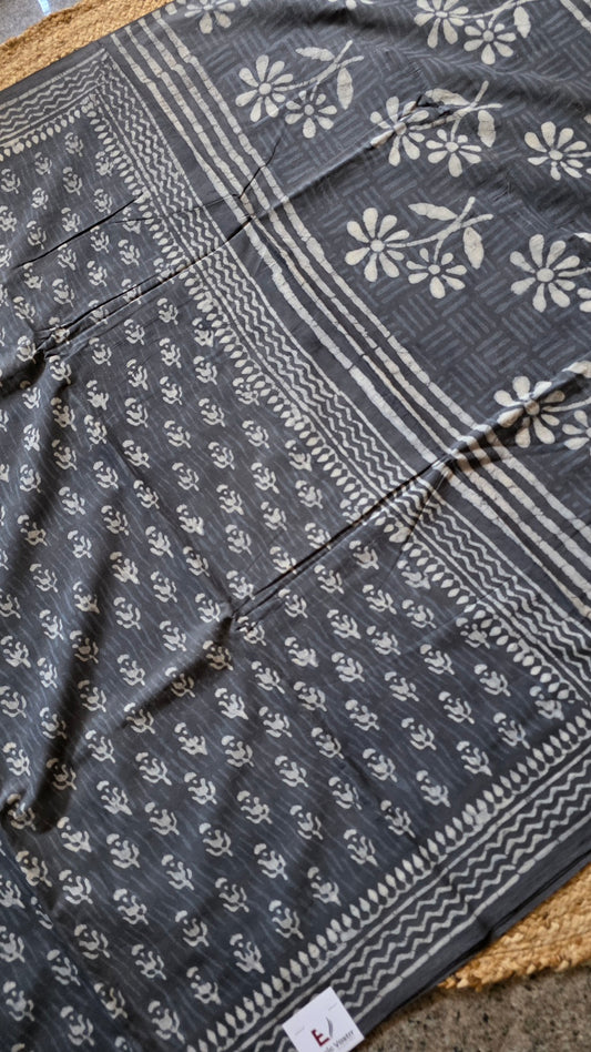 Charcoal Grey Hand-Block Printed Cotton Saree with Daisy Pallu and Floral Buttas