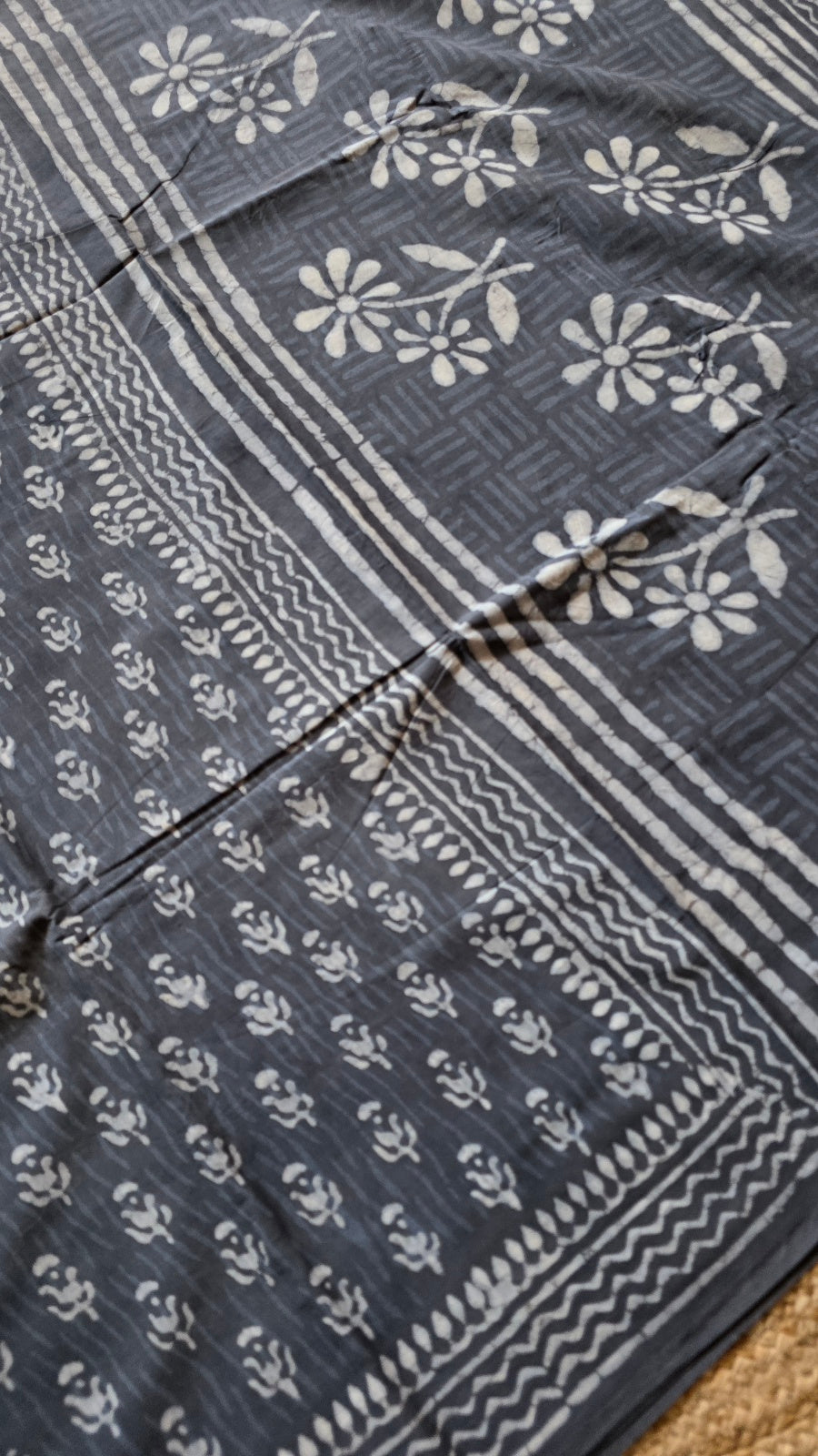 Charcoal Grey Hand-Block Printed Cotton Saree with Daisy Pallu and Floral Buttas