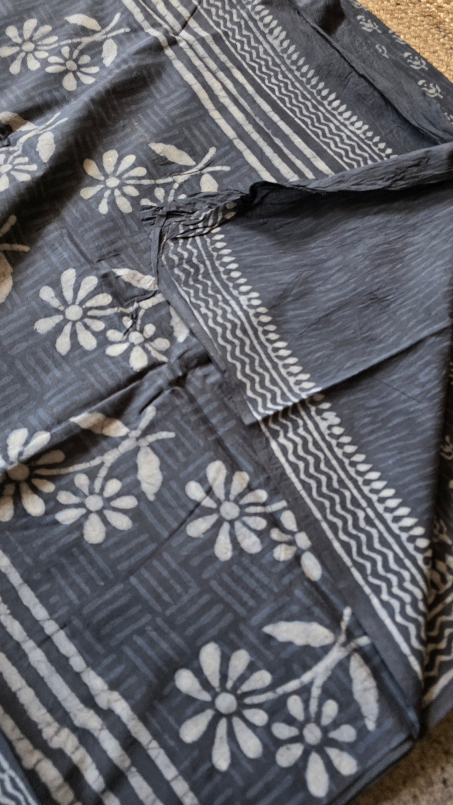 Charcoal Grey Hand-Block Printed Cotton Saree with Daisy Pallu and Floral Buttas