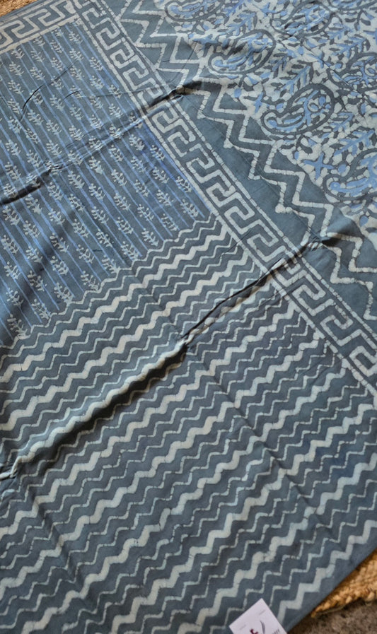 Slate Grey Hand-Block Printed Cotton Saree with Half-and-Half Body and Paisley Pallu