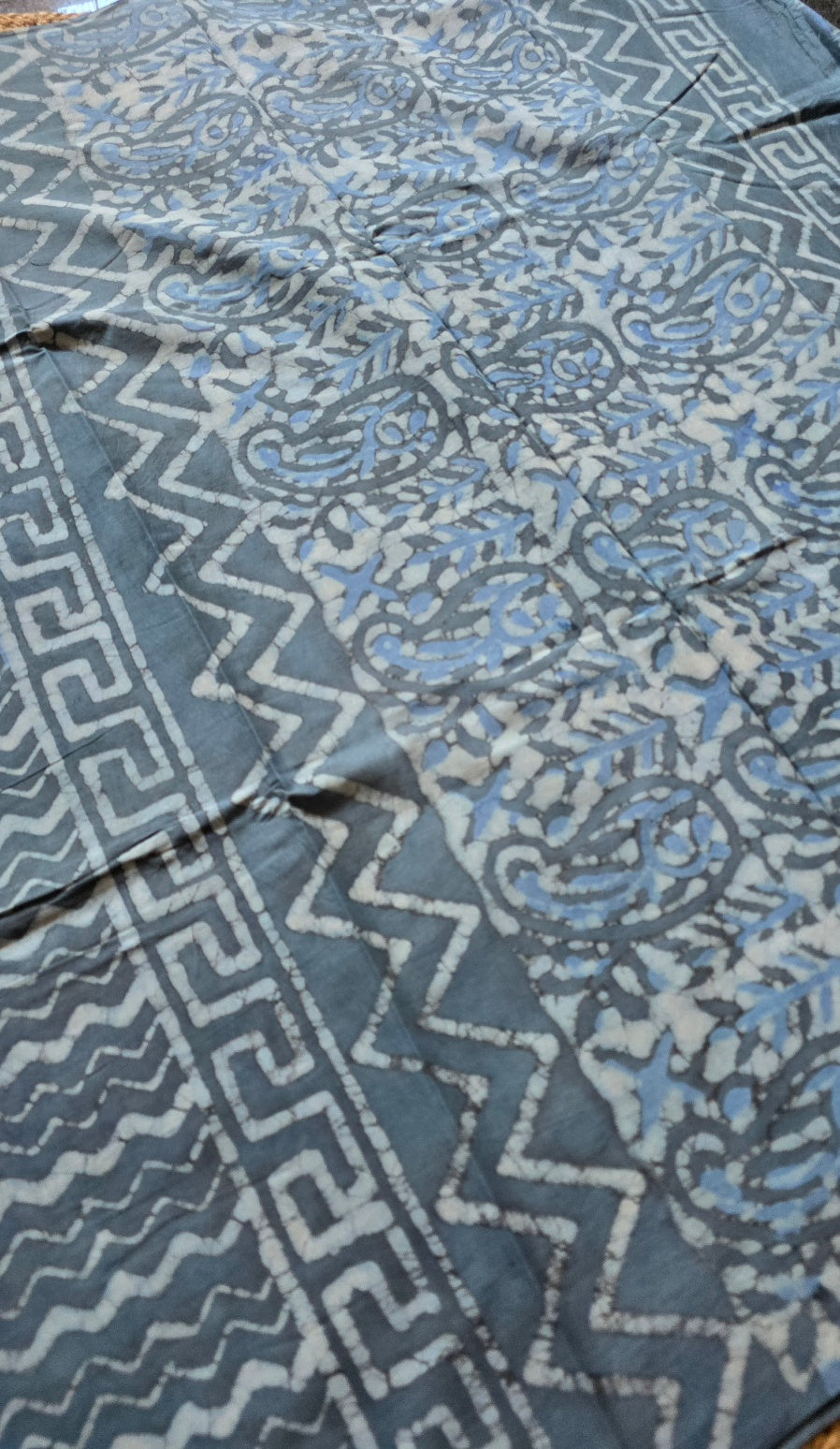 Slate Grey Hand-Block Printed Cotton Saree with Half-and-Half Body and Paisley Pallu