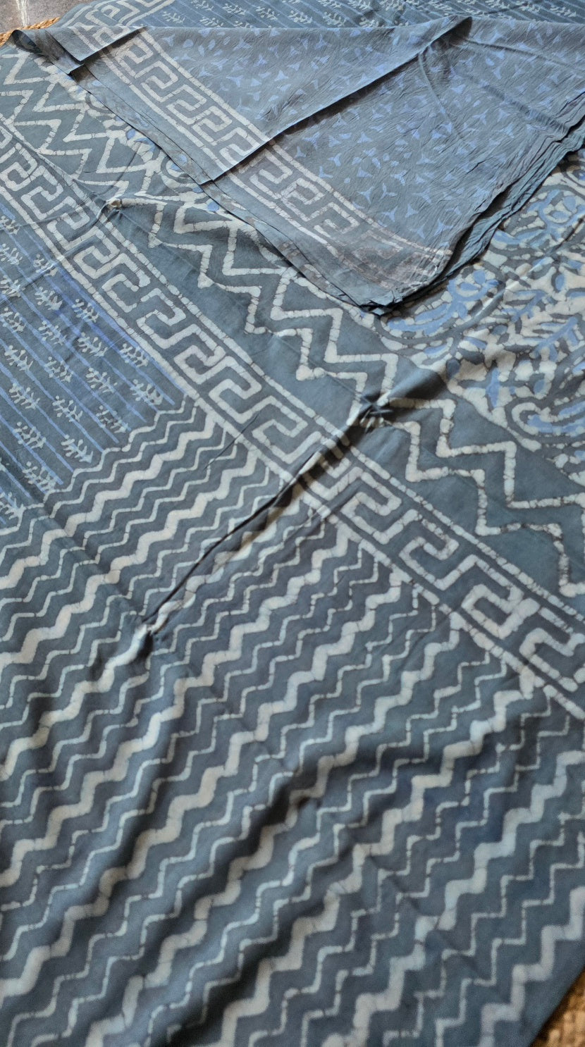 Slate Grey Hand-Block Printed Cotton Saree with Half-and-Half Body and Paisley Pallu