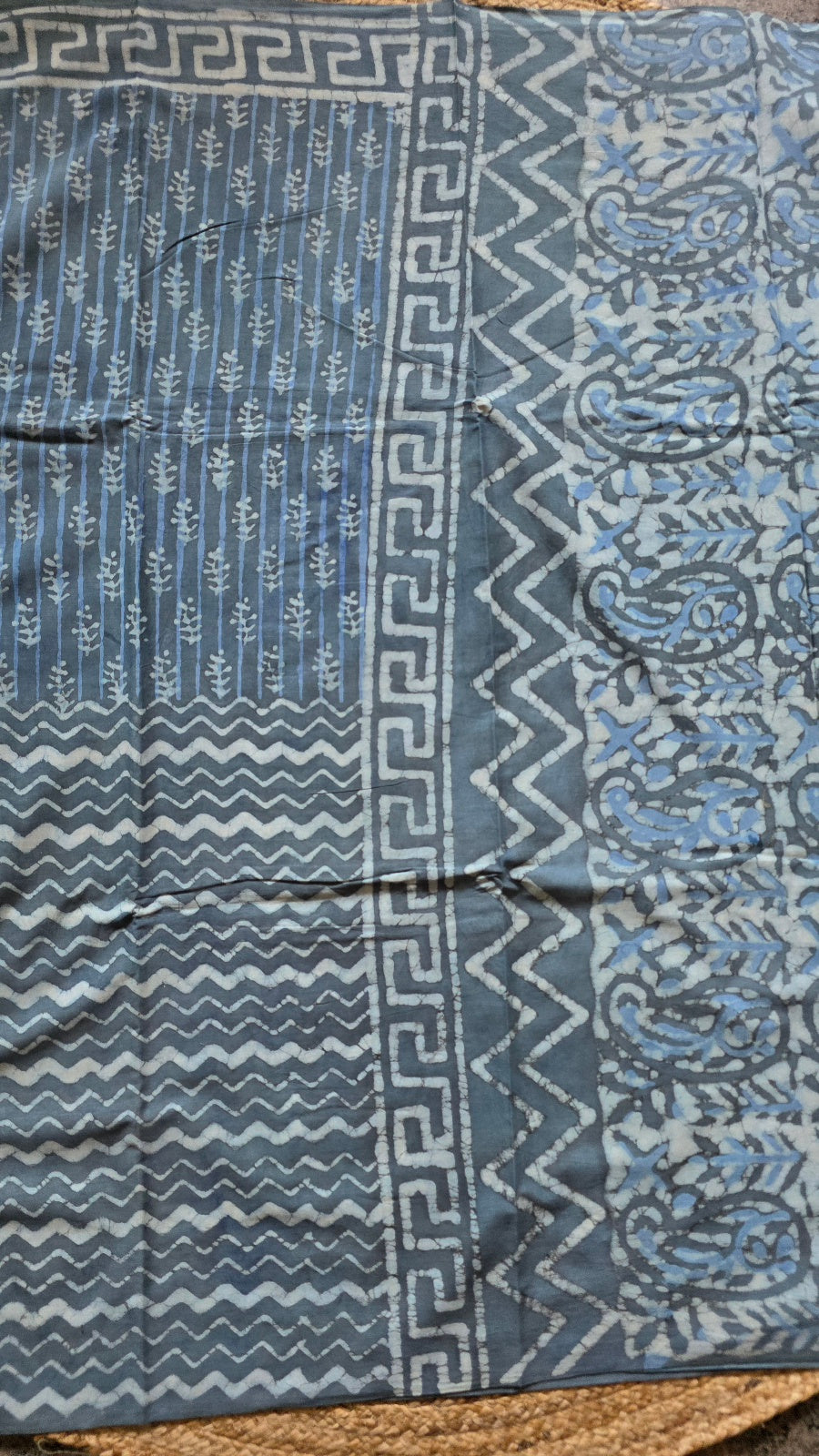 Slate Grey Hand-Block Printed Cotton Saree with Half-and-Half Body and Paisley Pallu