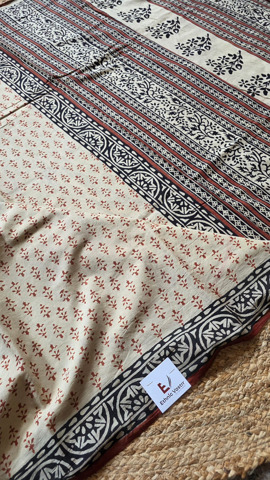 Beige Hand-Block Printed Cotton Saree with Brown Buttas and Black Medallion Border