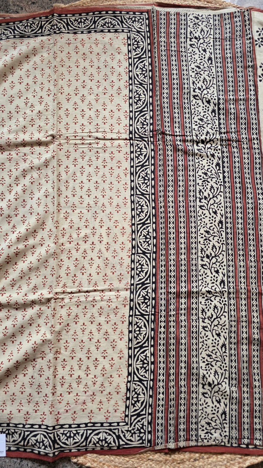 Beige Hand-Block Printed Cotton Saree with Brown Buttas and Black Medallion Border