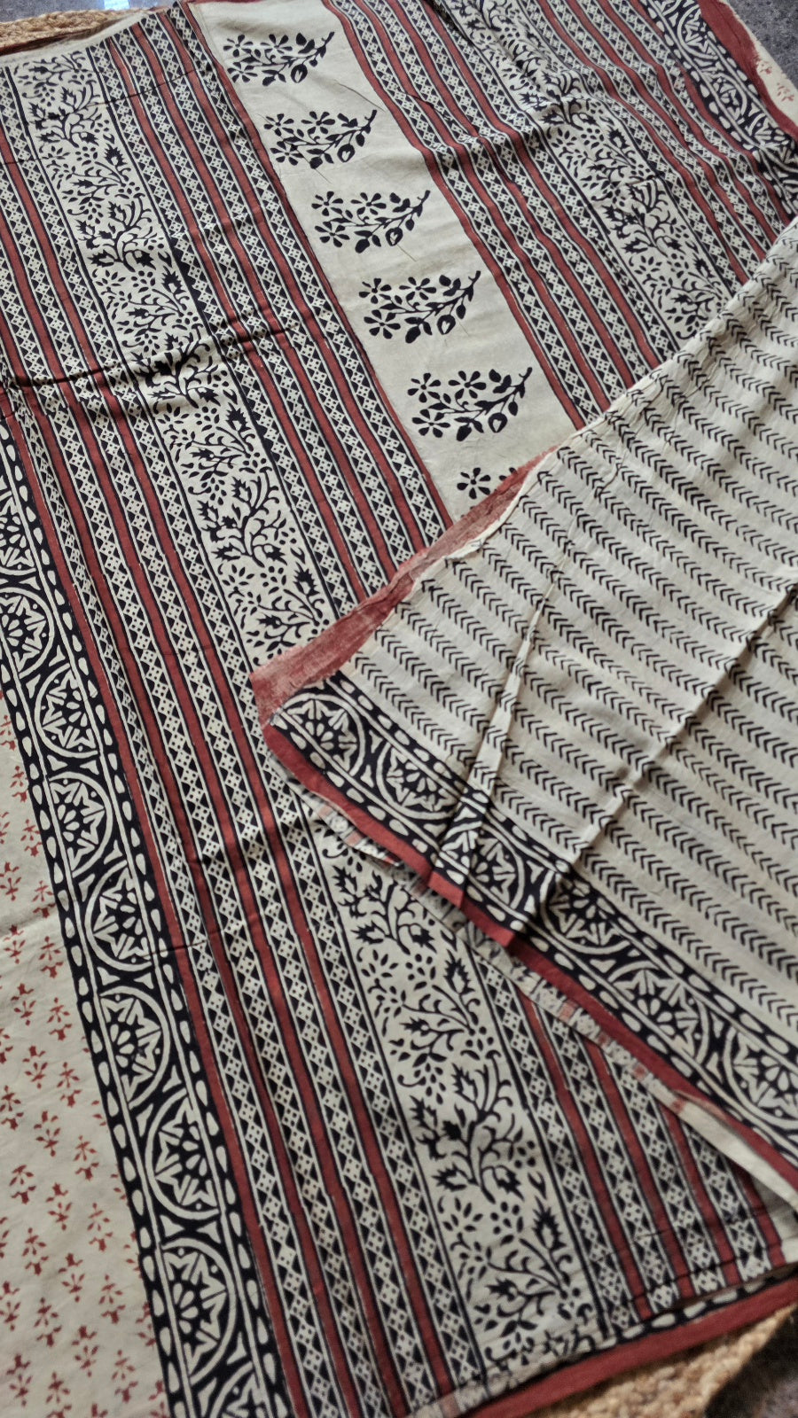 Beige Hand-Block Printed Cotton Saree with Brown Buttas and Black Medallion Border