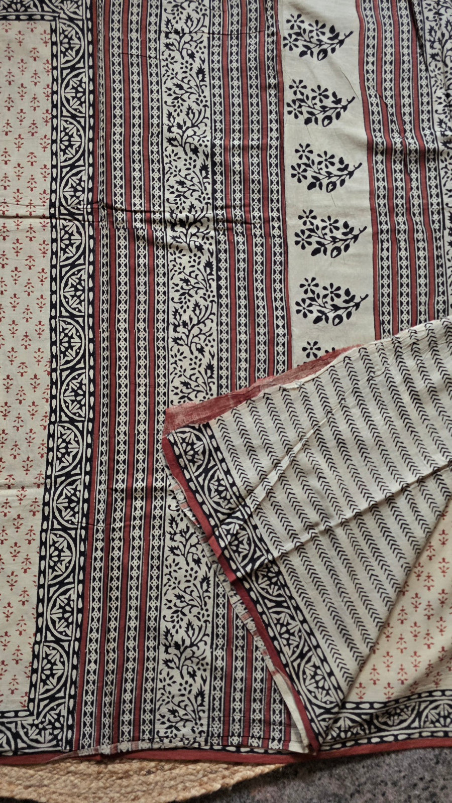 Beige Hand-Block Printed Cotton Saree with Brown Buttas and Black Medallion Border