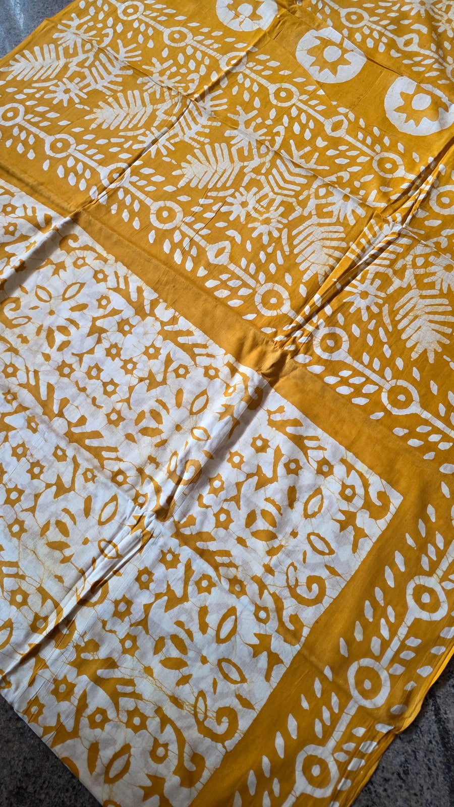 Mustard Yellow Hand-Block Printed Cotton Saree with Bold Sun Motifs and Off-White Pallu