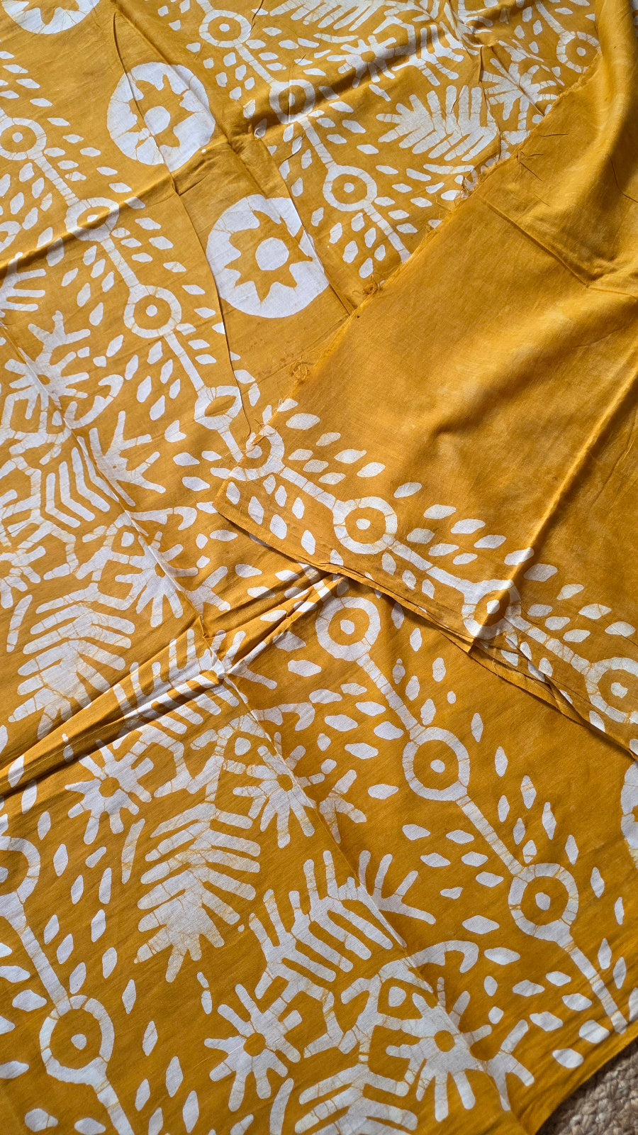 Mustard Yellow Hand-Block Printed Cotton Saree with Bold Sun Motifs and Off-White Pallu