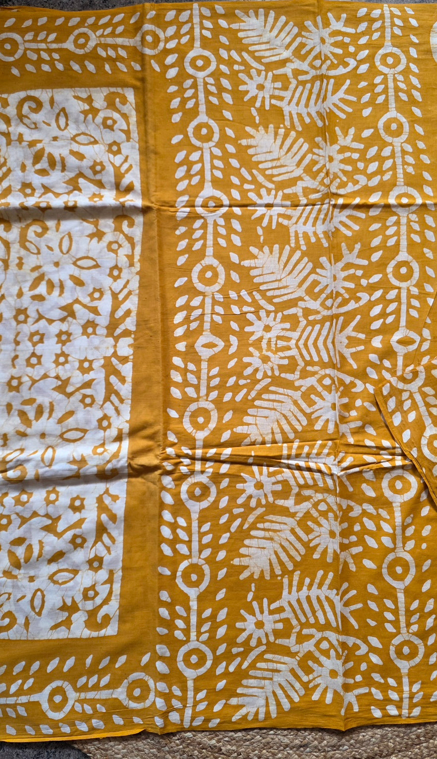 Mustard Yellow Hand-Block Printed Cotton Saree with Bold Sun Motifs and Off-White Pallu