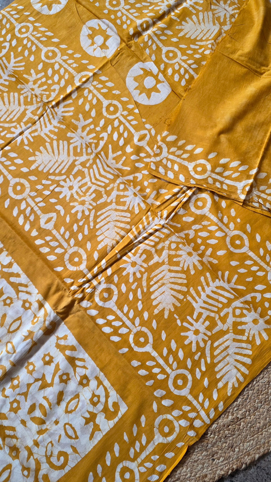Mustard Yellow Hand-Block Printed Cotton Saree with Bold Sun Motifs and Off-White Pallu