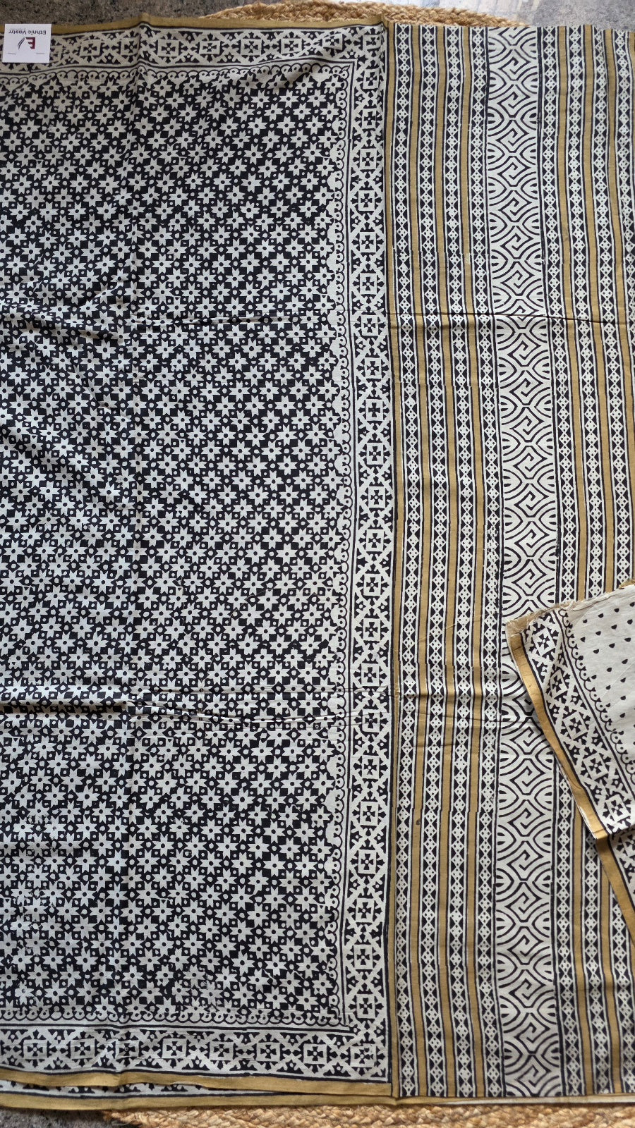 Black Hand-Block Printed Cotton Saree with Star Jaal and Paisley Pallu