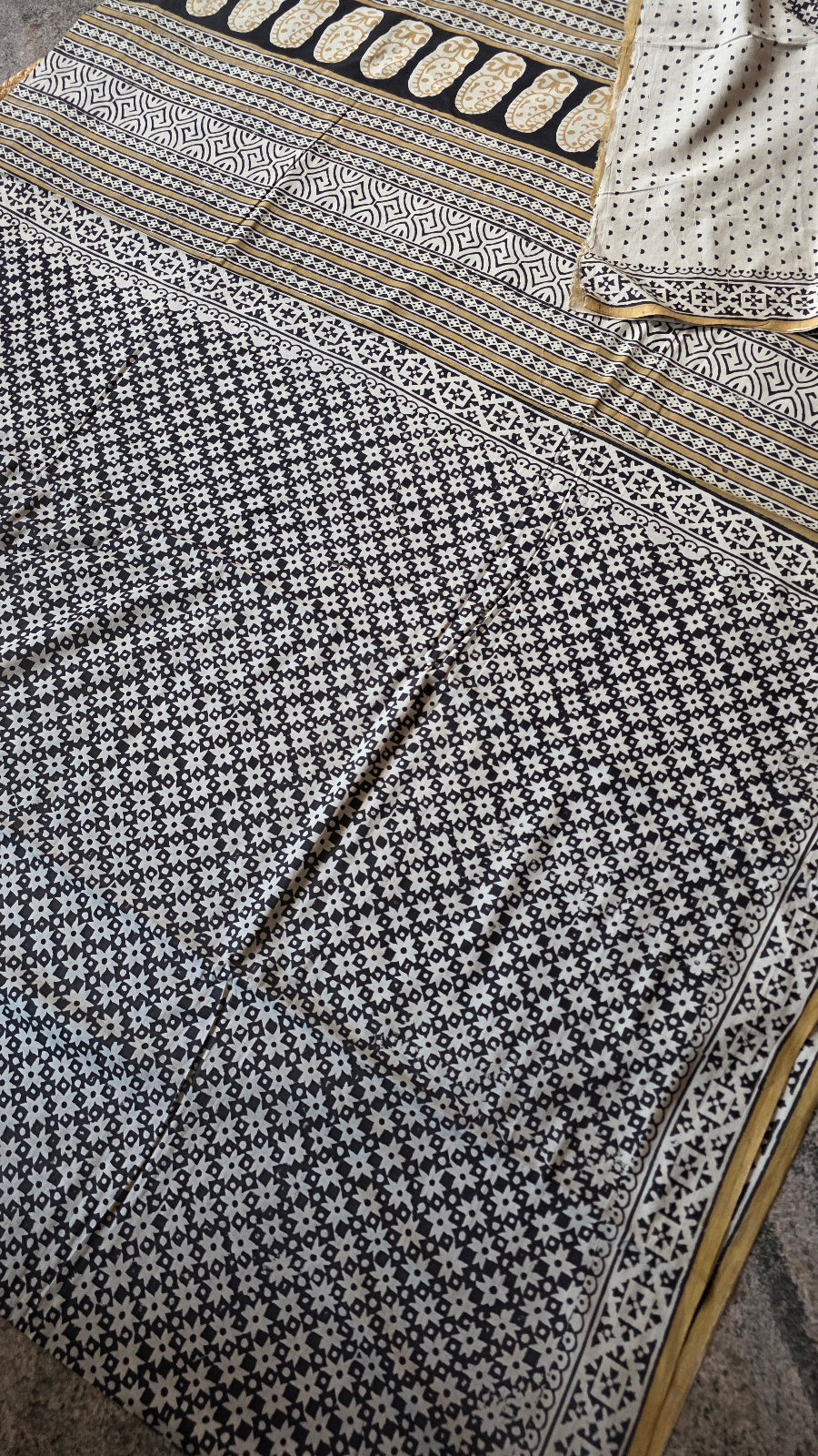 Black Hand-Block Printed Cotton Saree with Star Jaal and Paisley Pallu