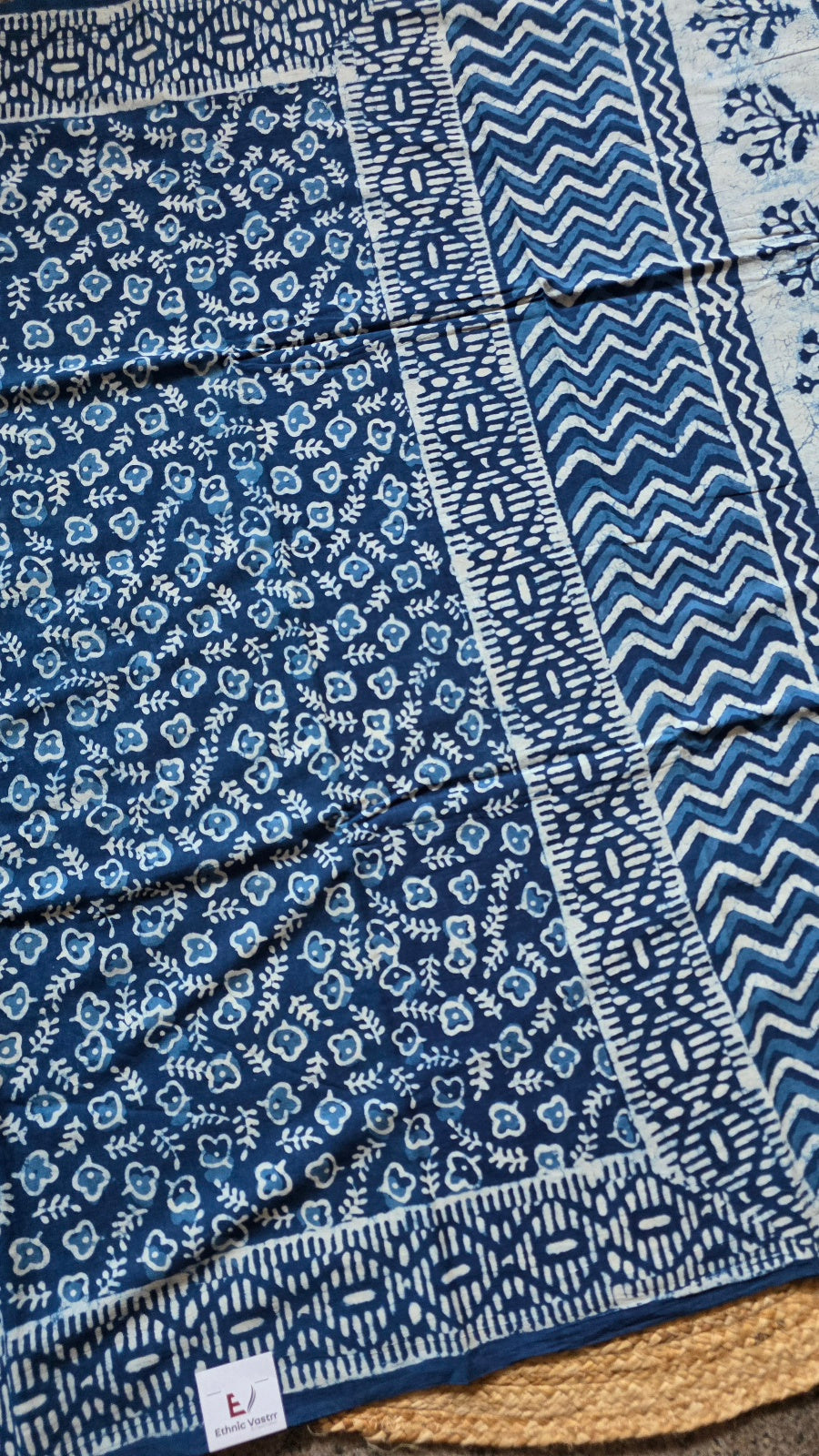 Indigo Blue Hand-Block Printed Cotton Saree with Clover Buttas and Tree Spray Pallu