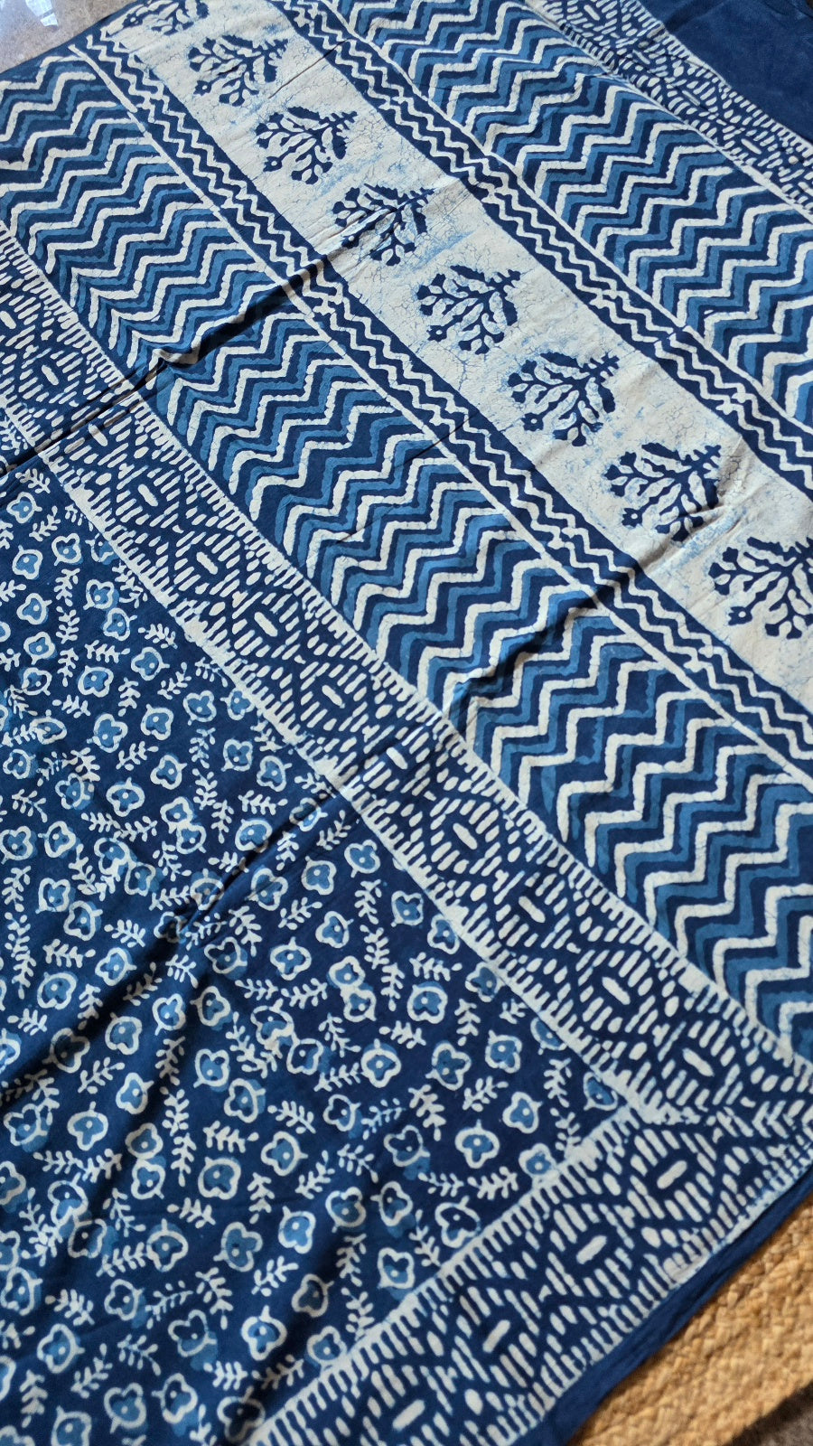 Indigo Blue Hand-Block Printed Cotton Saree with Clover Buttas and Tree Spray Pallu