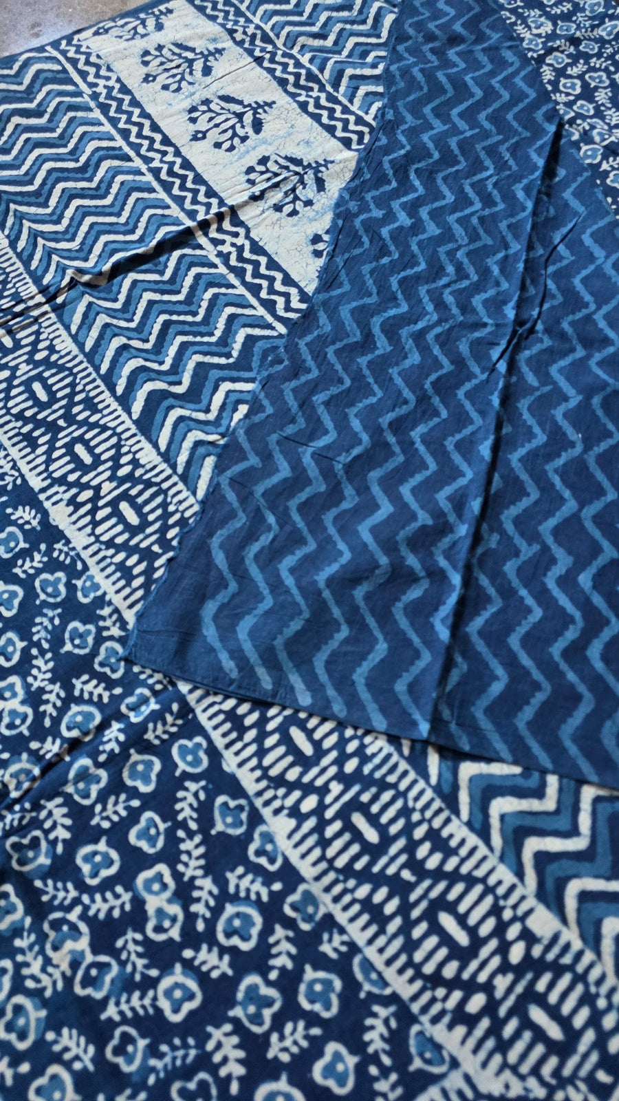 Indigo Blue Hand-Block Printed Cotton Saree with Clover Buttas and Tree Spray Pallu