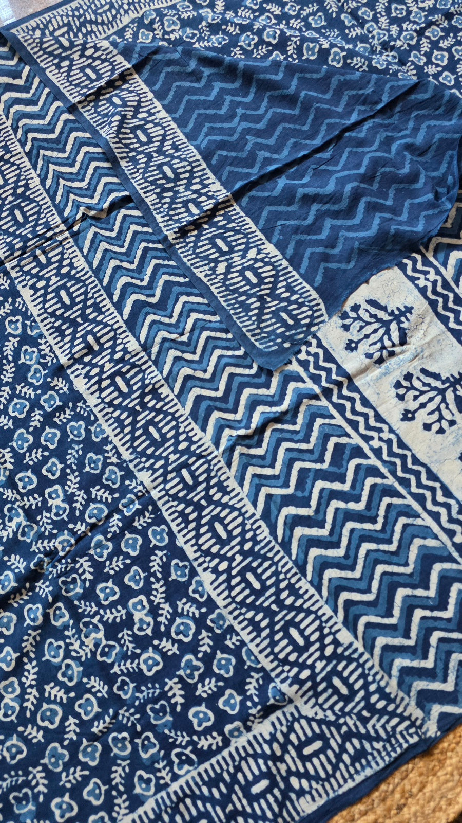 Indigo Blue Hand-Block Printed Cotton Saree with Clover Buttas and Tree Spray Pallu