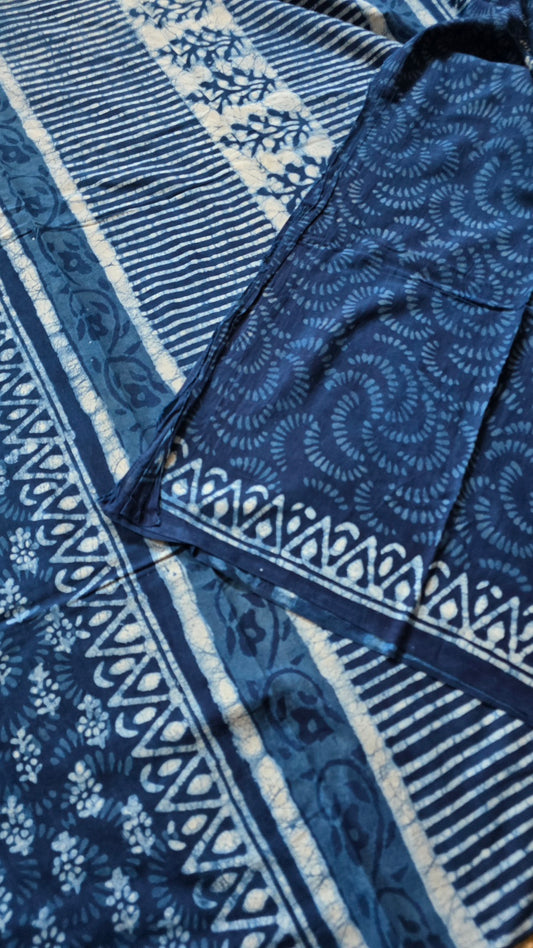 Indigo Blue Hand-Block Printed Cotton Saree with Swirl Buttas and Pinstripe Pallu