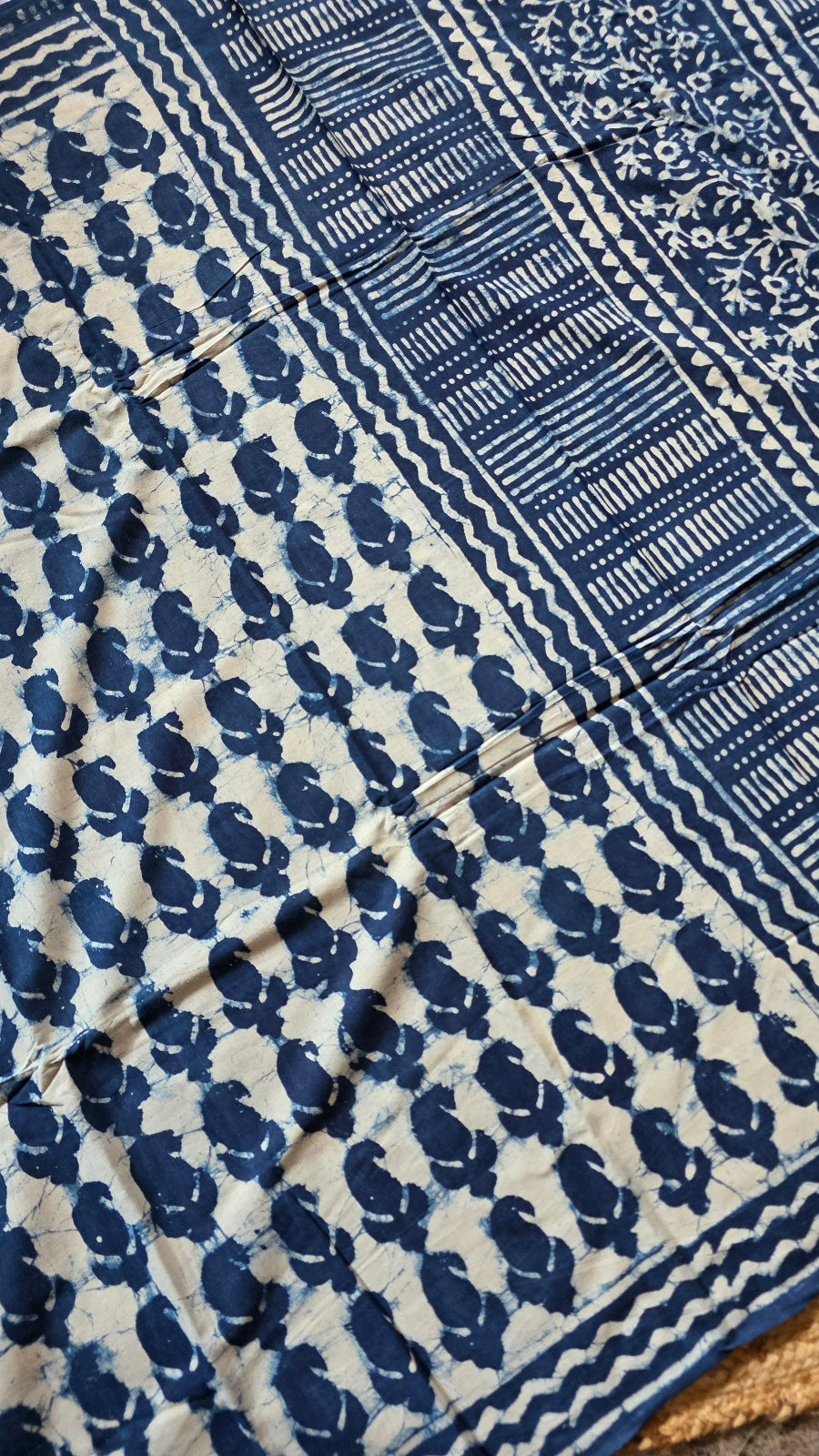 Off-White Hand-Block Printed Cotton Saree with Indigo Paisley Buttas