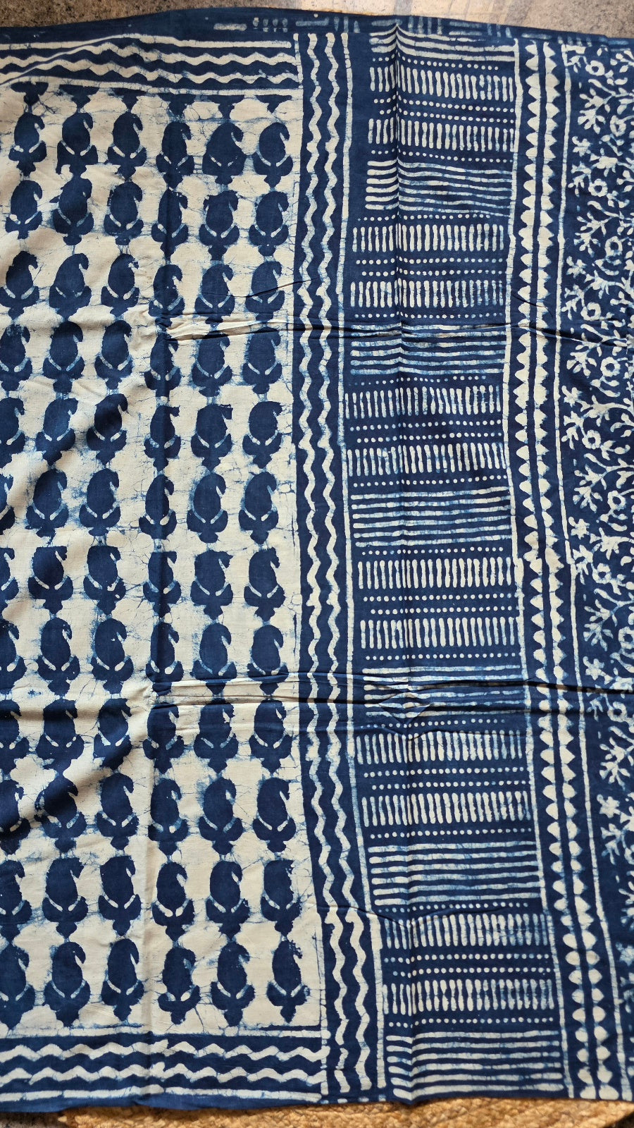 Off-White Hand-Block Printed Cotton Saree with Indigo Paisley Buttas
