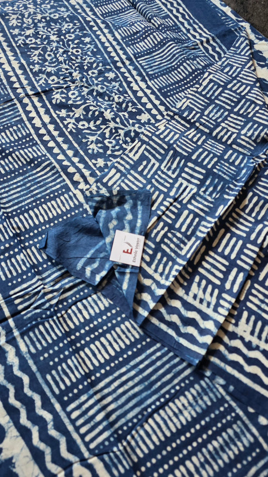Off-White Hand-Block Printed Cotton Saree with Indigo Paisley Buttas