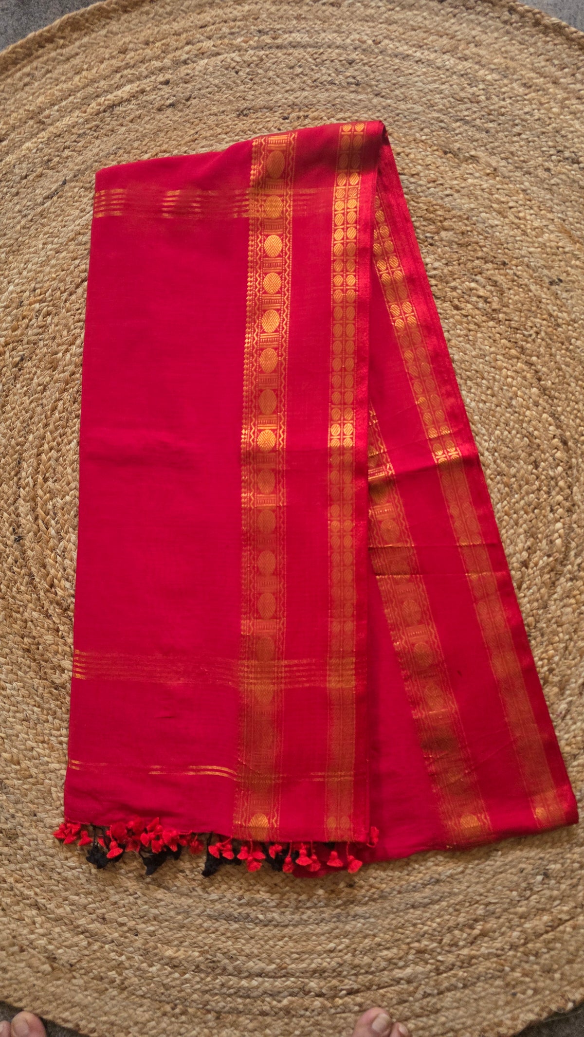 Red Kanchipuram Handloom Cotton Saree with Gold Thread Border