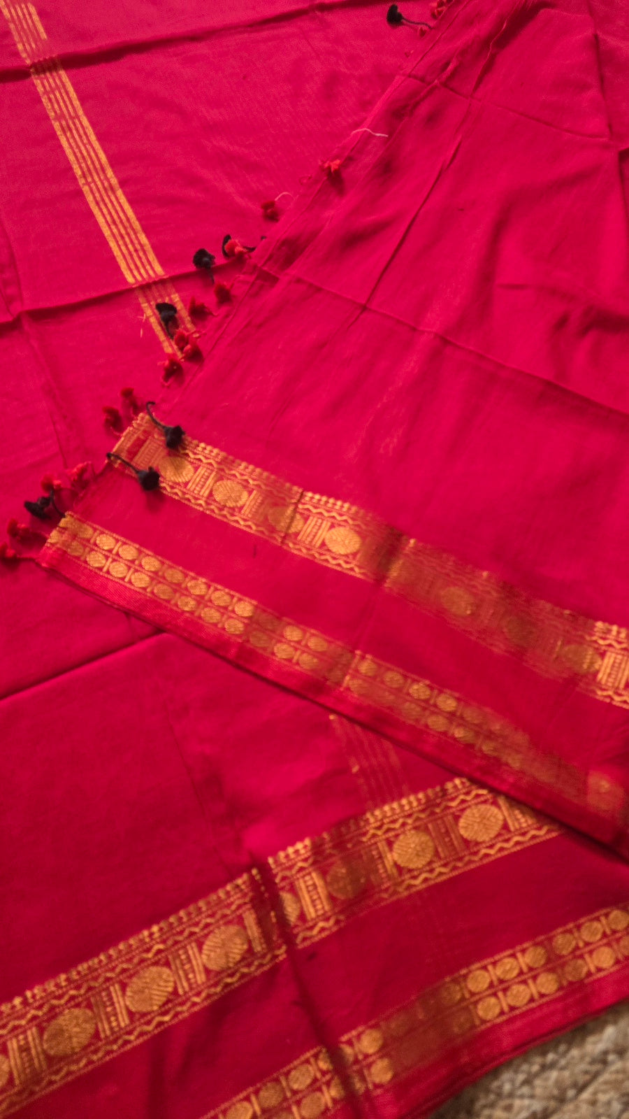 Red Kanchipuram Handloom Cotton Saree with Gold Thread Border