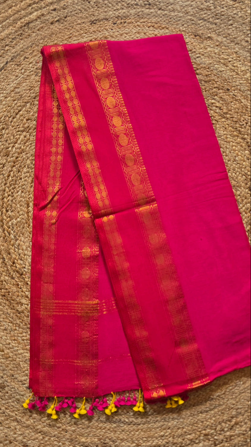 Rani Pink Kanchipuram Handloom Cotton Saree with Gold Thread Border