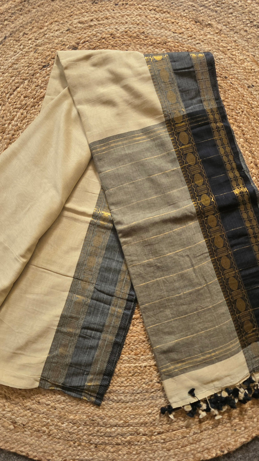Cream Kanchipuram Handloom Cotton Saree with Grey Striped Pallu and Black Border