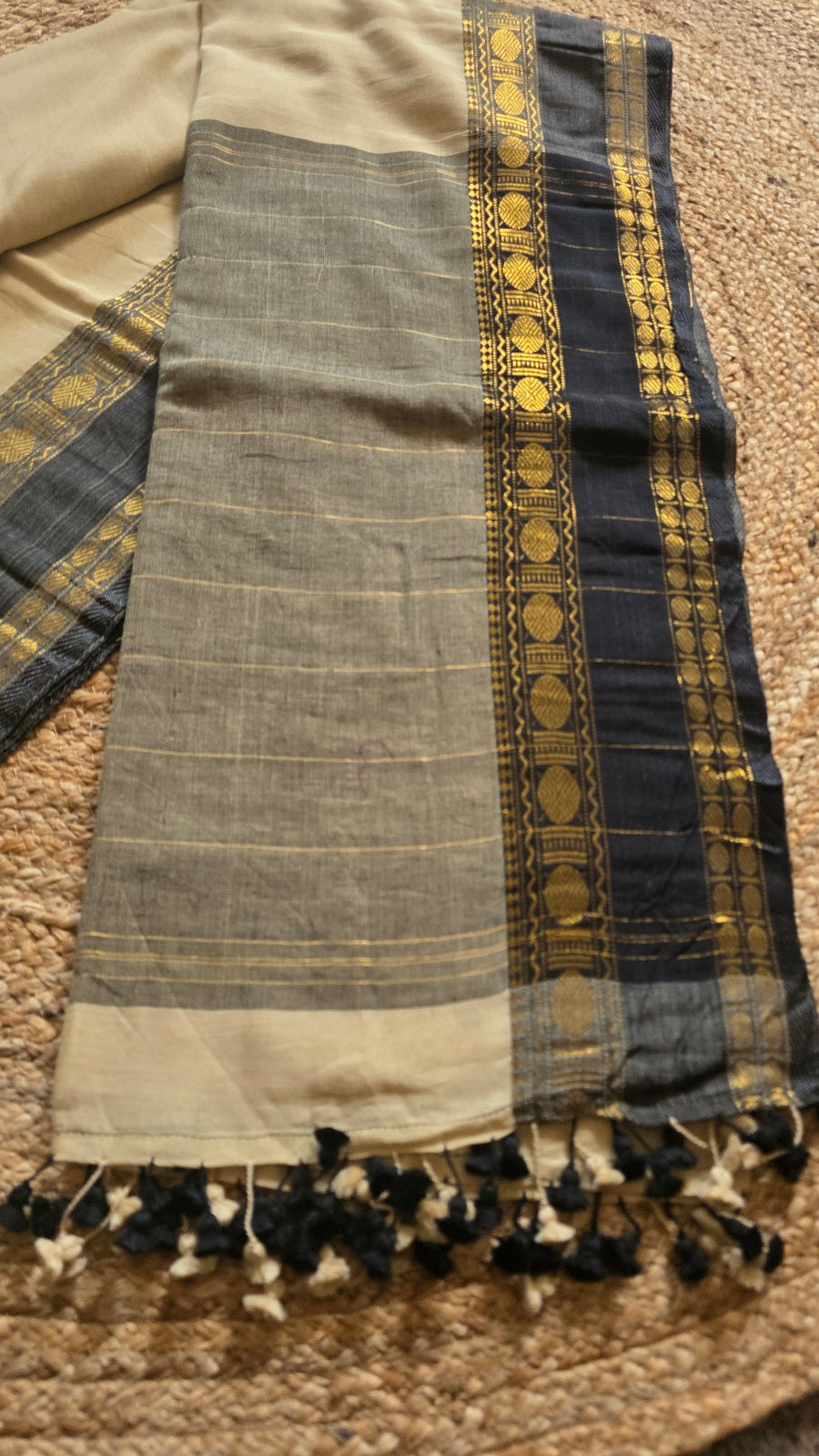 Cream Kanchipuram Handloom Cotton Saree with Grey Striped Pallu and Black Border